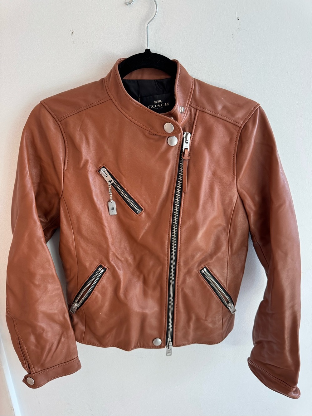 Coach Uptown Racer Jacket Saddle Brown Lambskin Leather Moto in Cognac